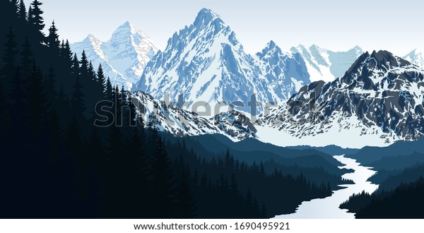 vector morning in beautiful mountains with river. Wall mural. 