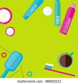 Vector morning beauty routine illustration set in flat style. Icons of different bottles for cosmetics, face cream and eye cream, tooth brush, hair brush, cup of coffee. For ads, design. Frame, banner