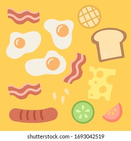 Vector morning breakfast illustration set  with scrambled eggs, toast, cheese, waffles and bacon elements. Cartoony style illustration on blue background.