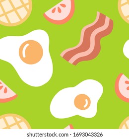 Vector morning breakfast seamless pattern with scrambled eggs and bacon. Cute cartoon illustration on green background.