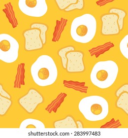 Vector morning breakfast seamless pattern with scrambled eggs, toasts and bacon. Cartoon illustration on yellow background.