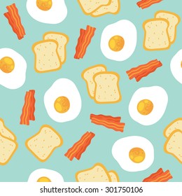 Vector morning breakfast seamless pattern with scrambled eggs, toasts and bacon. Cartoon illustration on blue background. 