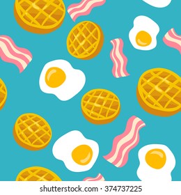 Vector morning breakfast seamless pattern with scrambled eggs, waffle and bacon. Seamless pattern 
