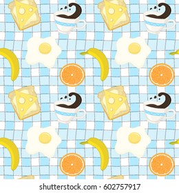 Vector morning breakfast seamless pattern with scrambled fried eggs, sandwich, coffee cup with splash, orange and banana. Cartoon illustration on blue checked background.