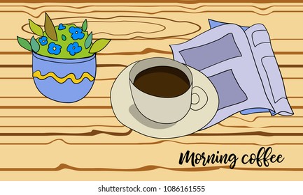 Vector morning coffee table background with newspaper, flower pot and a cup of coffee on wooden surface in sketch style. Top view illustration.