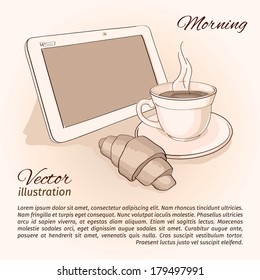 Vector morning with coffee and tablet.