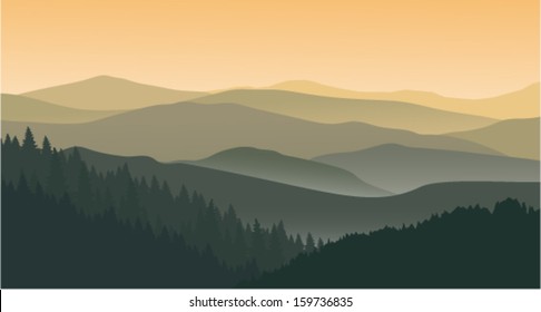 Vector Morning at foggy Mountains 