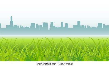 Vector morning landscape with field, sky and city