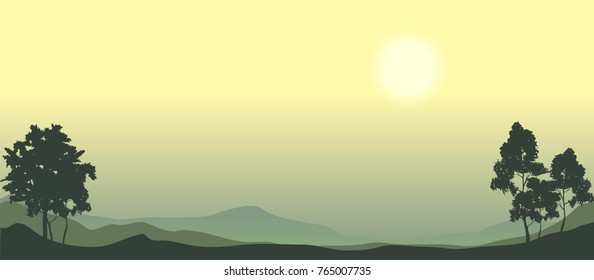 vector morning landscape, hills and trees under the sun