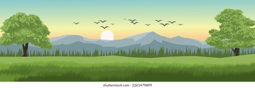 Vector morning landscape illustration with birds
