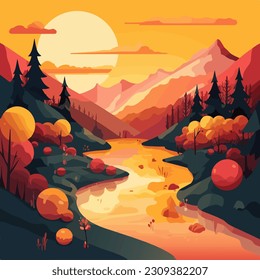 Vector morning landscape in yellow, orange and green colors. River, mountain, forest at sunrise. Bright illustration for business: touristic, travel.