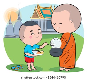 Vector Morning Make Merit Give Food To Monk