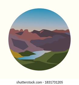 Vector morning mountain landscape, circle frame. Colorful art illustration. Editable vector