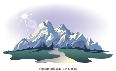 Vector morning mountain and valley with river