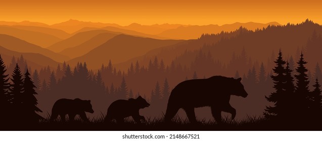 vector morning in mountains with family of bears