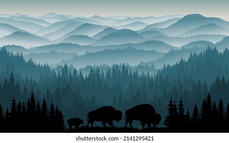 vector morning in mountains with family of brown zubr buffalo bisons with kid