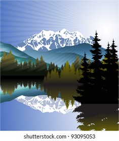Vector Morning at Mountains Lake