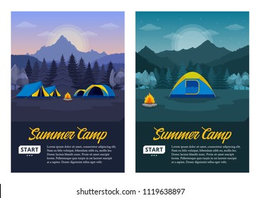 Vector morning and night mountains summer camp vertical banners. Wild nature landscapes with tourist tents, green meadow, mountain, campfire and trees.