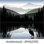 vector morning on a lake with a heron in mountains