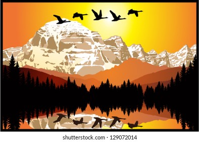 vector morning on lake with swans in mountains