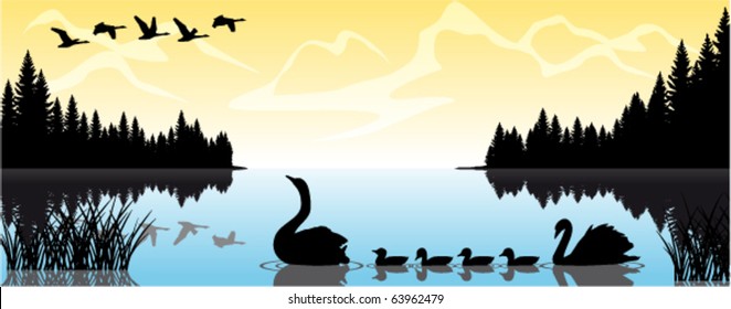vector morning on lake with swans in mountains