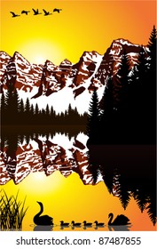 vector morning on lake with swans in mountains