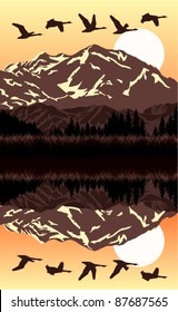 vector morning on lake with swans in mountains