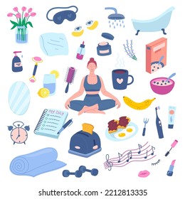 Vector morning routine elements set. Woman meditating in lotus pose in primitive flat style with pillow, yoga mat, oatmeal, makeup, miror, planner around her illustration