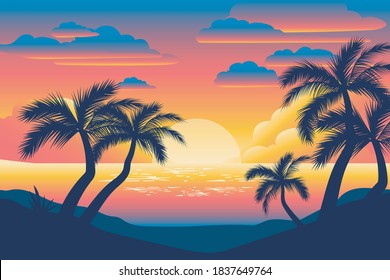 
vector morning sunrise on the beach with palm trees