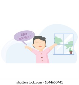 a vector of morning vibes smile of a girl greeting flat illustration