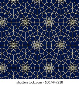 vector moroccan pattern. Blue background with gold geometry flowers. Template for greeting card, wallpaper, package