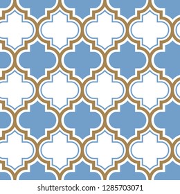 Vector moroccan repeat seamless pattern. Light blue, gold beige line on white background.