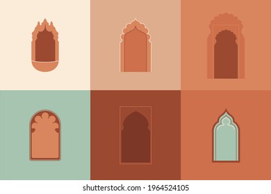 Vector Moroccan Shapes Set. Architectural Elements, Arabic Silhouettes Of Windows And Doorways, Template Concept - Frame, Emblem For Label Fashion, Logo. Arabic Badge Design.