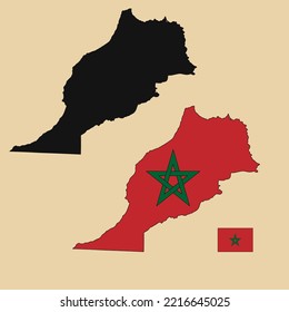 Vector of Morocco country outline map with flag set isolated on plain background. Silhouette of country map can be used for template, report, and infographic.