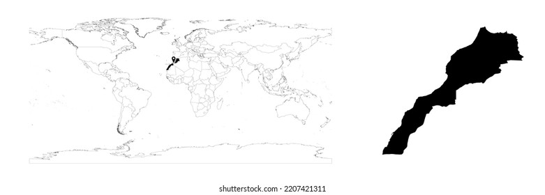Vector Morocco map showing country location on world map and solid map for Morocco on white background. File is suitable for digital editing and prints of all sizes.