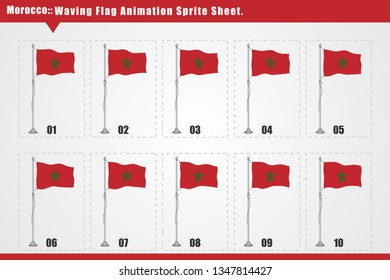 Vector Morocco waving flag animation. Sequence frames sprite sheet illustration. Smooth waving animation sprites on white background, Morocco flag vector animation frames.