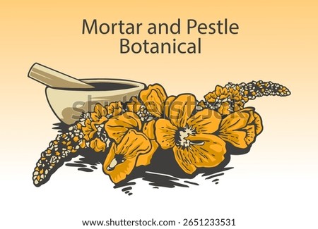 Vector Mortar and Pestle Botanical With Botanic Flower Design Template 
Vector illustration of a botanical themed mortar and pestle with vibrant yellow flowers Perfect for herbal, organic health.