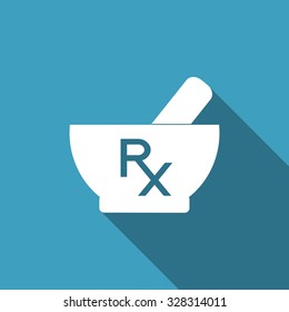 Vector mortar and pestle with Rx - prescription sign. Pharmacy symbol. Mortar and pestle with Rx on blue background. Flat style design.