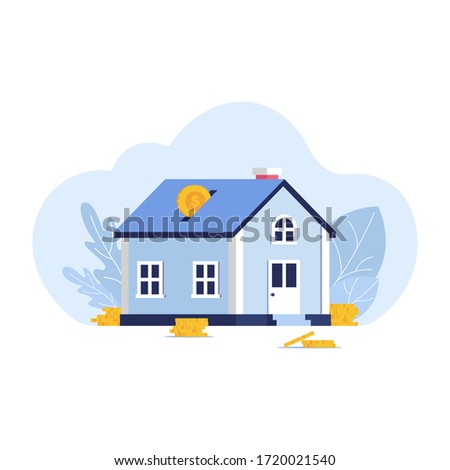 Vector Mortgage Loan illustration. Mortgage banner template with house, money, golden coins, leaves. Real estate investment poster concept. Home savings. Capitalization and savings for buying a house