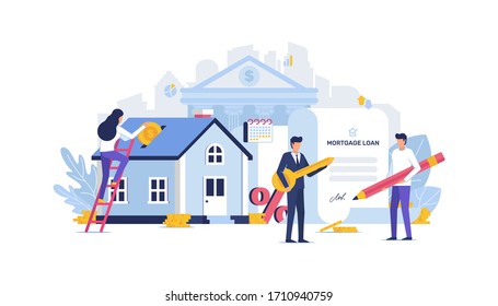 Vector Mortgage Loan Illustration Concept. House loan, money investment to real estate. Property money investment contract. Buying Home. Man and woman calculates home mortgage rate. Real estate agent.