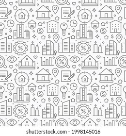 Vector mortgage seamless pattern with thin line icons of building. Real estate background design