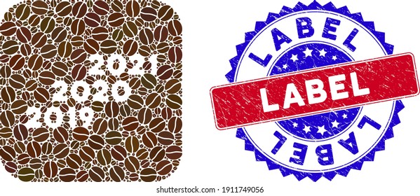 Vector mosaic 2019 - 2021 years and grunge bicolor Label stamp. Mosaic 2019 - 2021 years designed as stencil from rounded square with cocoa beans.