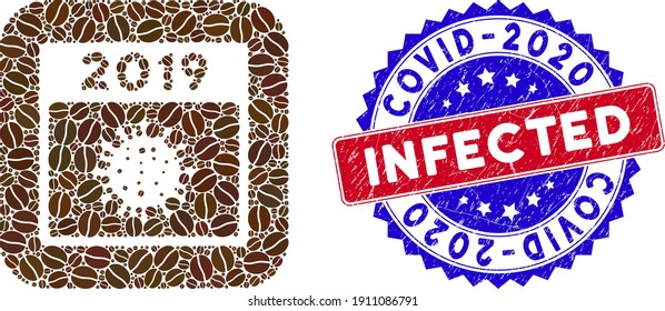 Vector mosaic 2019 covid calendar day and grunge bicolor Covid-2020 Infected stamp. Mosaic 2019 covid calendar day designed as hole from rounded square with coffee grain.