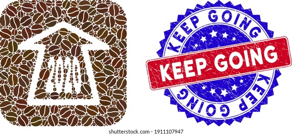 Mosaico vectorial 2020 flecha hacia delante y timbre bicolor de color de color Seguir en marcha sello de sello. Mosaic 2020 flecha adelante construida como un agujero de cuadrado redondeado con granos de café.
