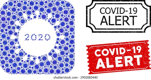 Vector mosaic 2020 coronavirus and grunge Covid-19 Alert seals. Mosaic 2020 coronavirus created as carved shape from rounded square with blue coronavirus icons.