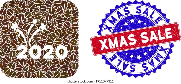 Vector mosaic 2020 fireworks and grunge bicolor Xmas Sale seal stamp. Mosaic 2020 fireworks designed as hole from rounded square of cocoa beans.