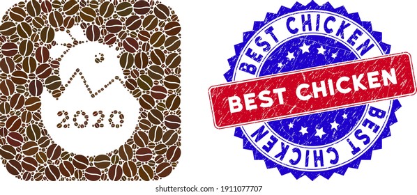 Vector mosaic 2020 hatch chick and grunge bicolor Best Chicken stamp. Mosaic 2020 hatch chick constructed as hole from rounded square with cocoa seeds.