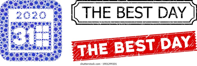 Vector Mosaik 2020 letzten Tag und Grunge Die besten Tag Siegel. Mosaik 2020 letzten Tag als Subtraktion aus abgerundetem Quadrat mit blauen Coronavirus-Elementen.