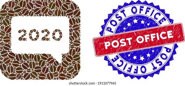 Vector mosaic 2020 message and grunge bicolor Post Office seal. Mosaic 2020 message created as hole from rounded square with coffee seeds.