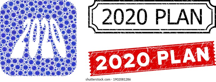 Vector mosaic 2020 perspective digits and grunge 2020 Plan stamps. Mosaic 2020 perspective digits designed as carved shape from rounded square with blue virulent items.